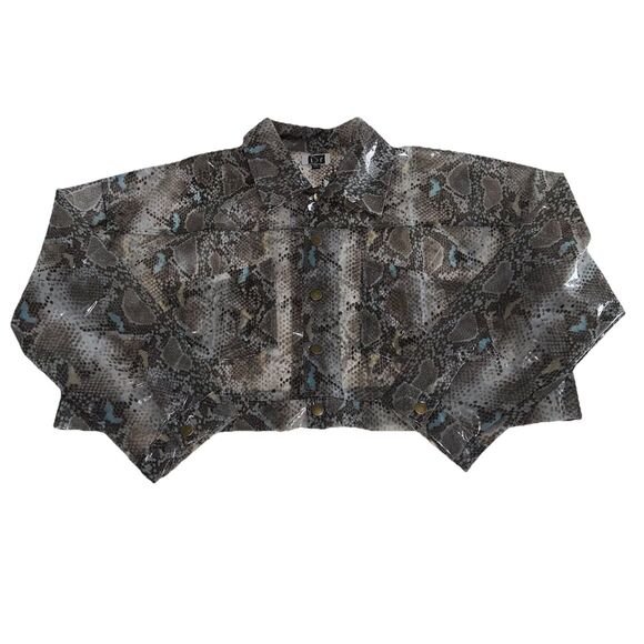 i r Plastic Polyurethane Cropped Jacket Plus Size 2XL Sheer Reptile Animal Print - Picture 8 of 11
